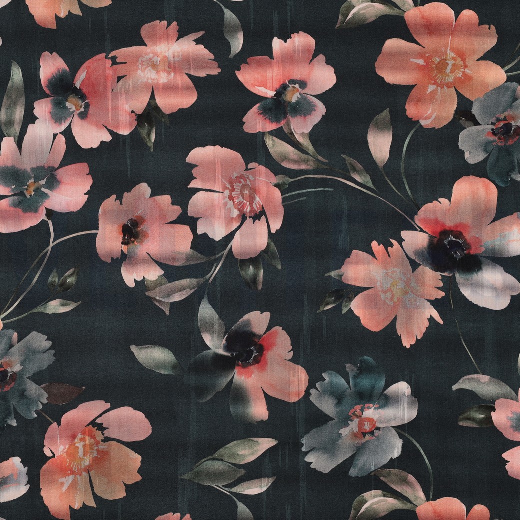 BAUMWOLLE SATIN DIGITAL BLUMEN DUNKEL PETROL