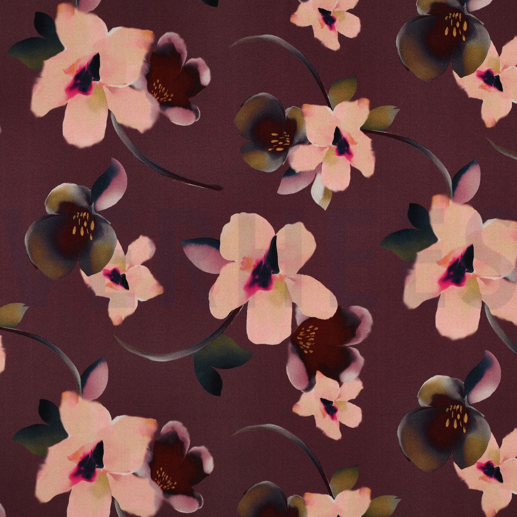 VISCOSE ROSELLA STRETCH DIGITAAL BLOEMEN AUBERGINE