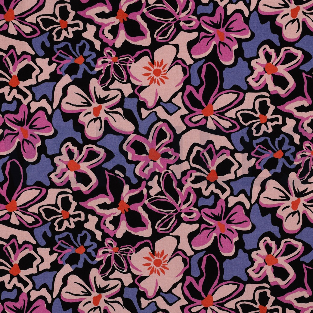 VISCOSE STRETCH FLOWERS BLACK