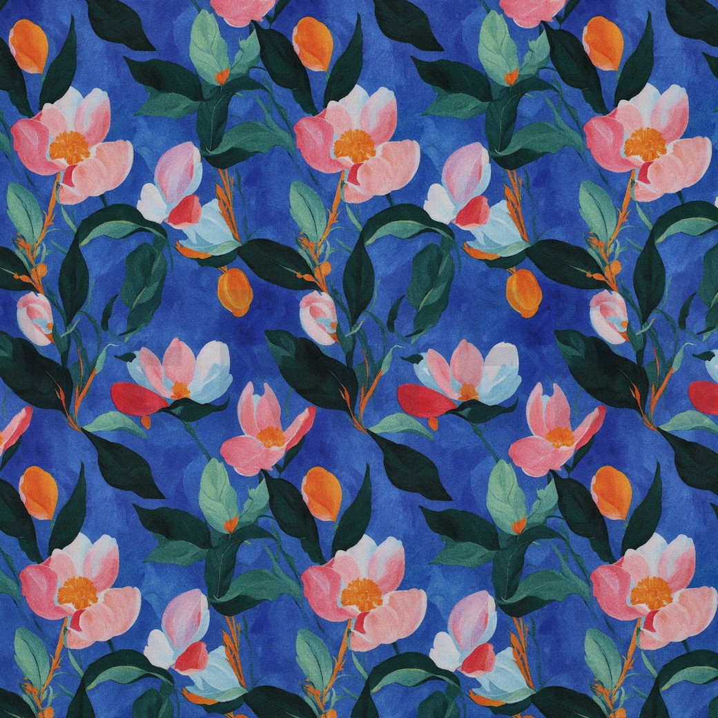 VISCOSE STRETCH DIGITAL FLEURS BLEU COBALT