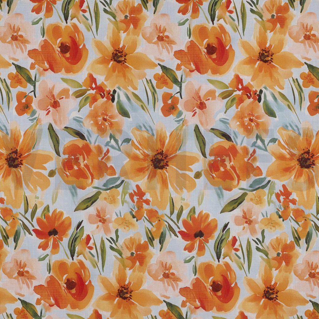 COTTON VOILE DIGITAL FLOWERS LIGHT BLUE