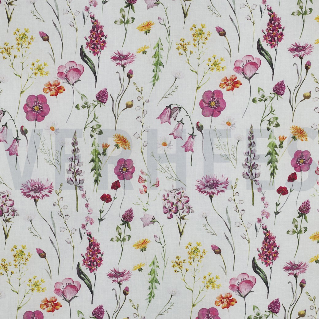 BAUMWOLLE VOILE DIGITAL BLUMEN WEISS