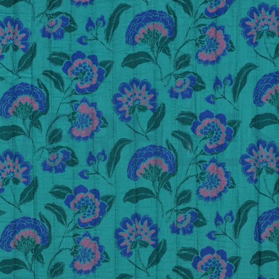 MUSSELIN GESTEPPT BLUMEN PETROL #7