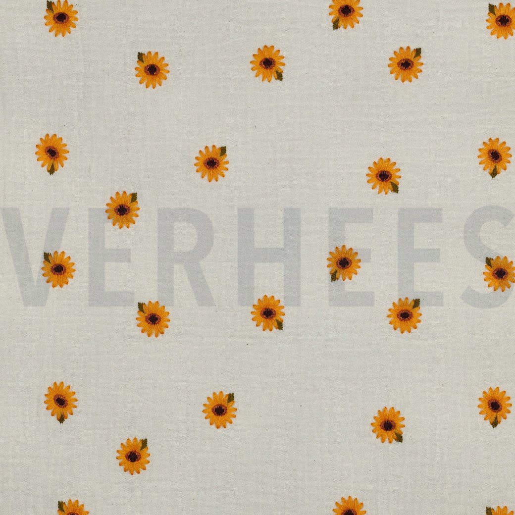 DOUBLE GAZE DE COTON BRODERIE TOURNESOLS NATUREL