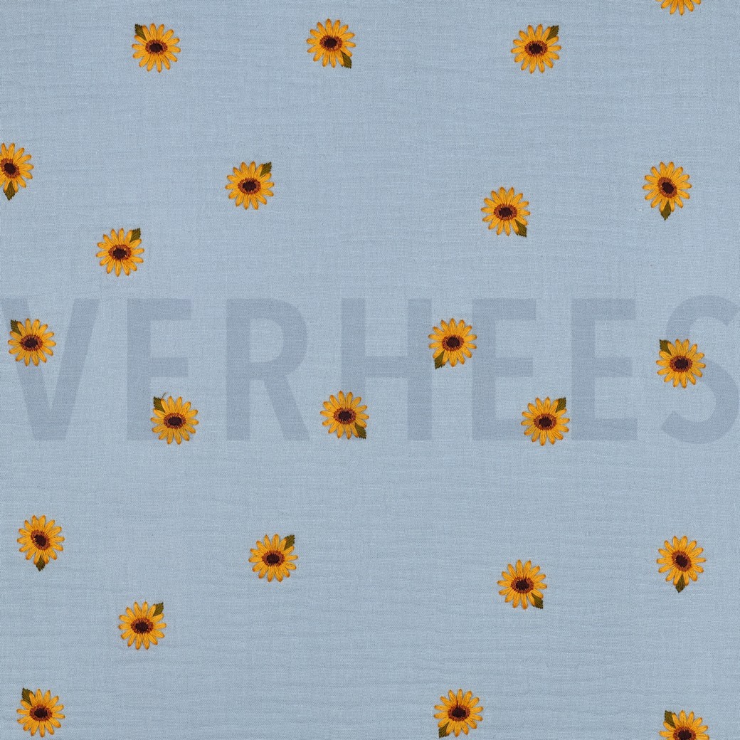 MUSSELIN STICKEREI SONNENBLUMEN BLAU