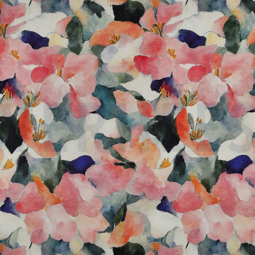 VISCOSE SATIN DIGITAL FLEURS PÊCHE