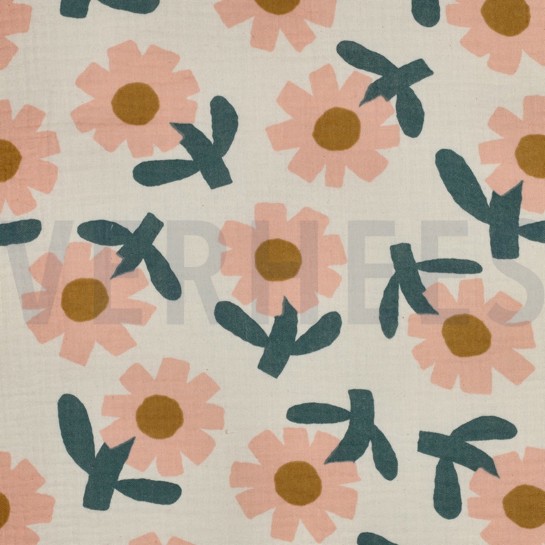 DOUBLE GAUZE GOTS FLOWERS JENNIFER BOURON NATURAL/PEACH #7