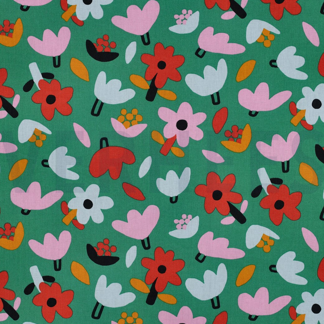 KATOENEN POPLIN GOTS BLOEMEN JENNIFER BOURON GROEN