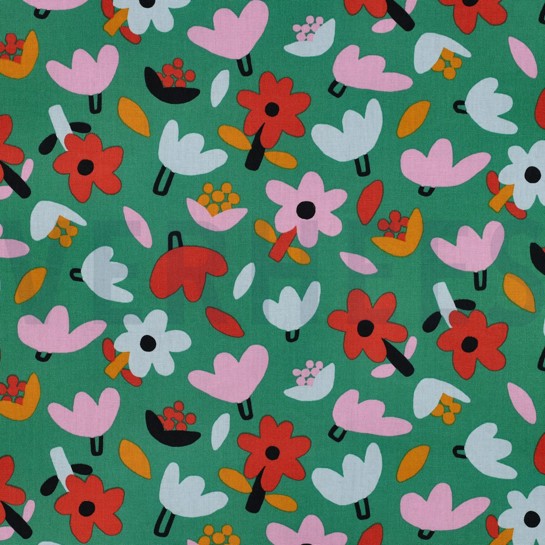 KATOENEN POPLIN GOTS BLOEMEN JENNIFER BOURON GROEN #7