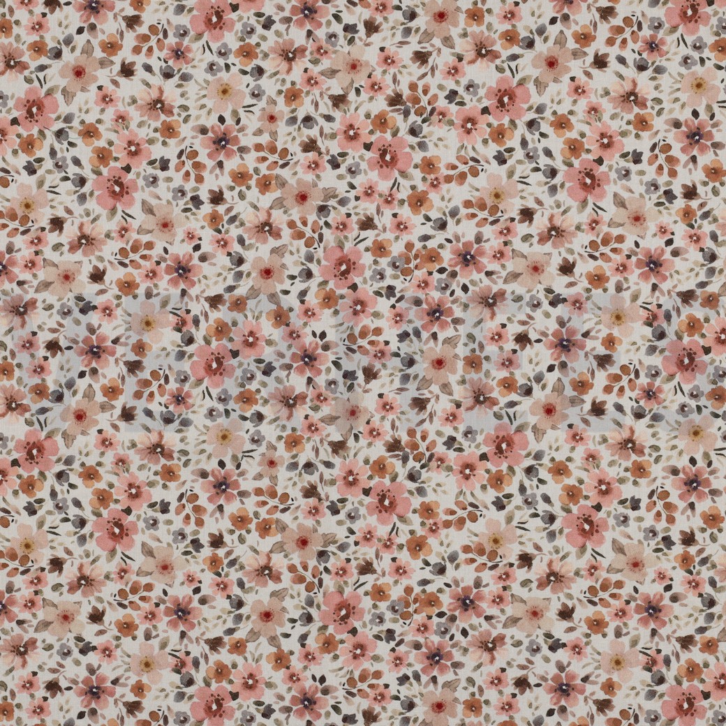 FIJNGEWEVEN KATOENEN POPLIN DIGITAAL BLOEMEN PERZIK