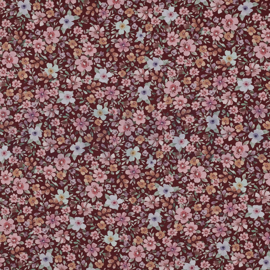 FEIN GEWEBTE BAUMWOLLPOPELINE DIGITAL BLUMEN BORDEAUXROT