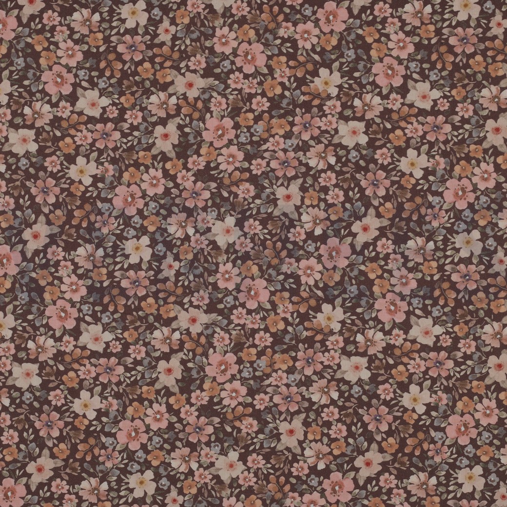 FIJNGEWEVEN KATOENEN POPLIN DIGITAAL BLOEMEN BRUIN