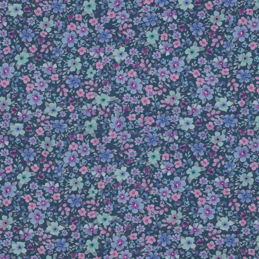 POPELINE DE COTON TISSAGE FIN DIGITAL FLEURS PÉTROLE