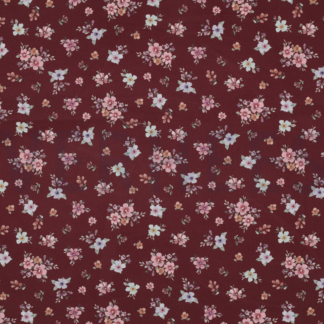 FEIN GEWEBTE BAUMWOLLPOPELINE DIGITAL BLUMEN BORDEAUXROT