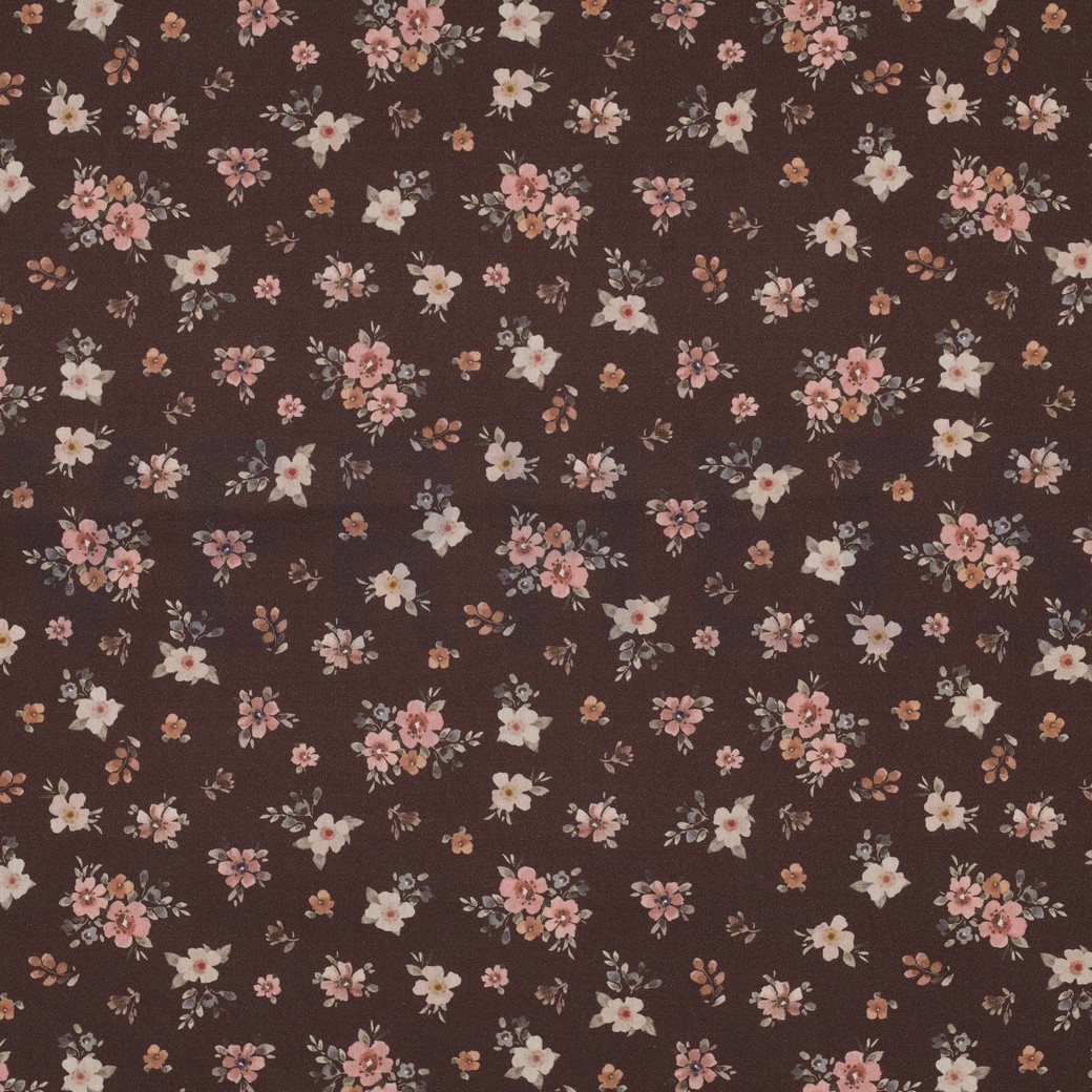 POPELINE DE COTON TISSAGE FIN DIGITAL FLEURS BRUN