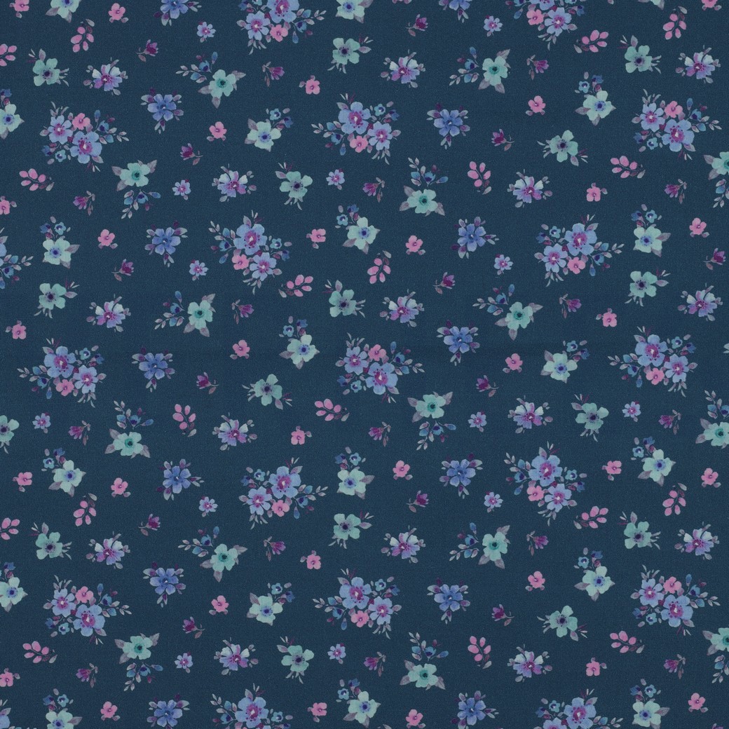 POPELINE DE COTON TISSAGE FIN DIGITAL FLEURS PÉTROLE