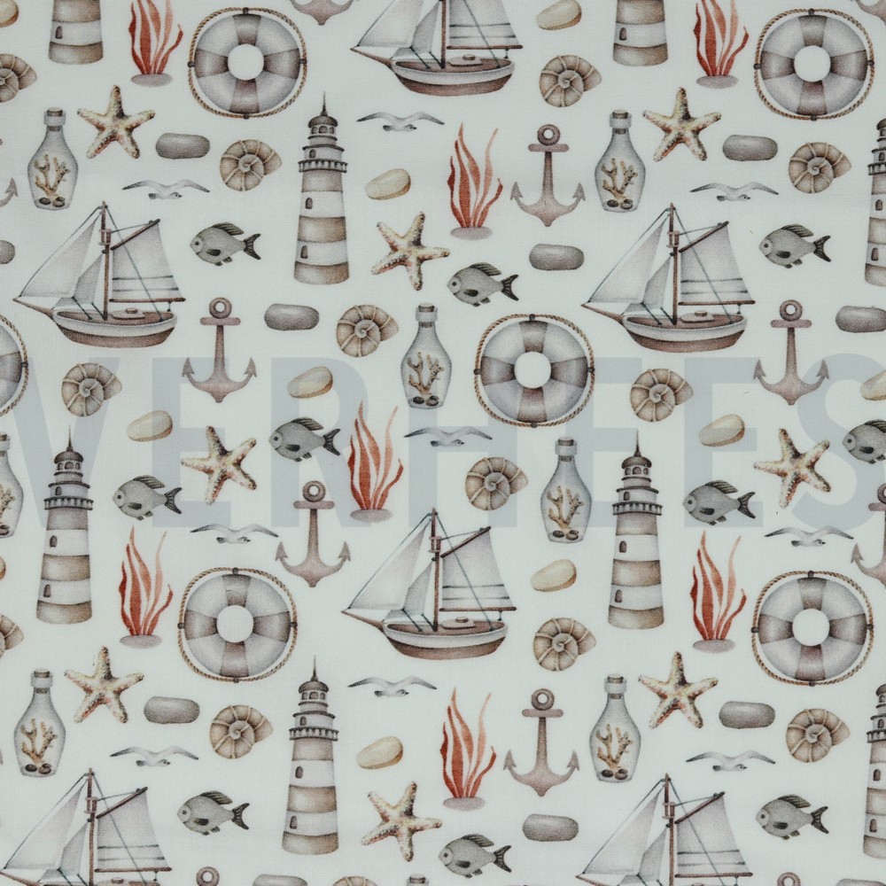 KATOENEN POPLIN DIGITAAL MARITIEM WIT