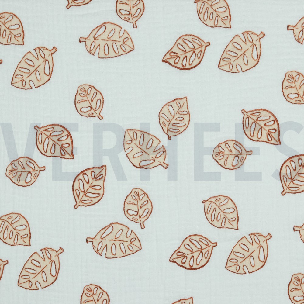 DOUBLE GAZE DE COTON FEUILLES DE MONSTERA BLANC