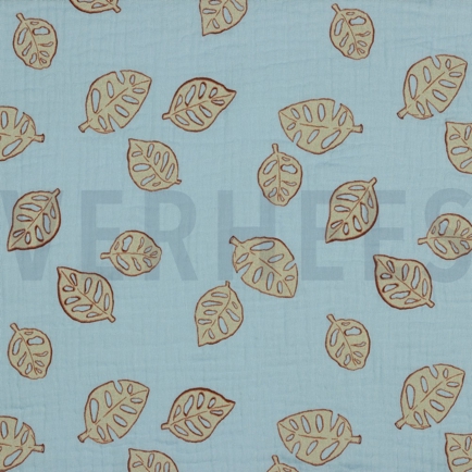 DOUBLE GAZE DE COTON FEUILLES DE MONSTERA BLEU CLAIR (hover)
