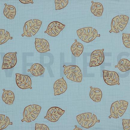 DOUBLE GAUZE MONSTERA BLADEREN LICHTBLAUW (hover)