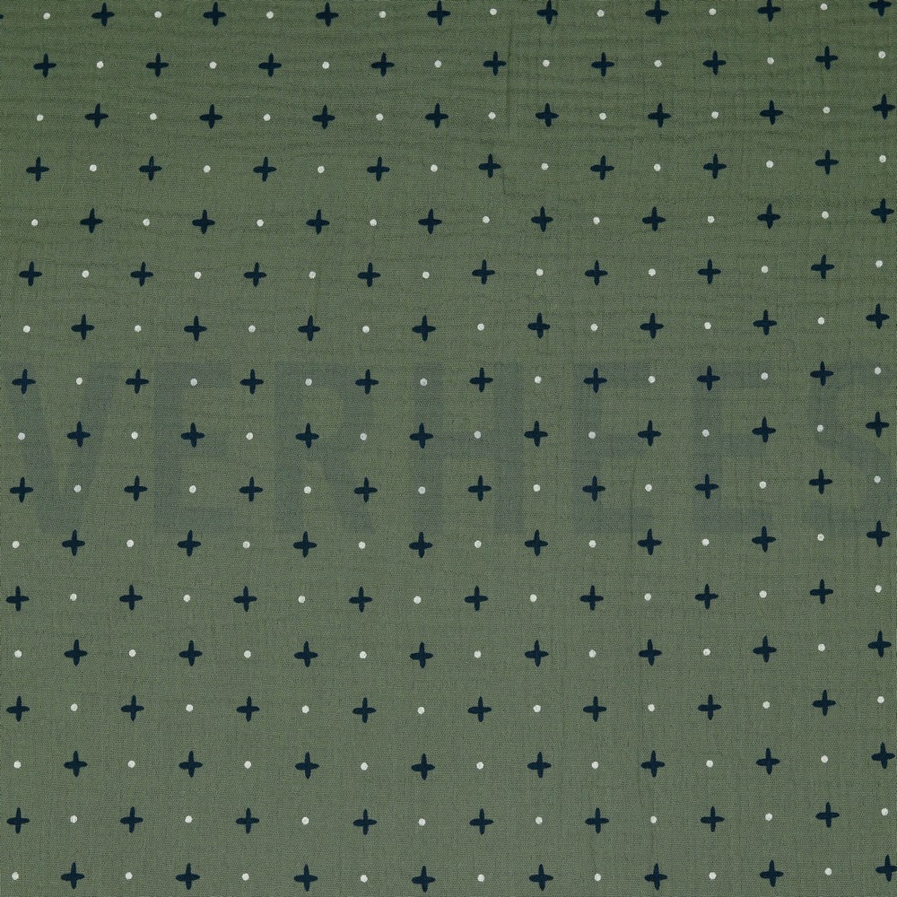 DOUBLE GAUZE CROSS AND DOTS MOSS GREEN