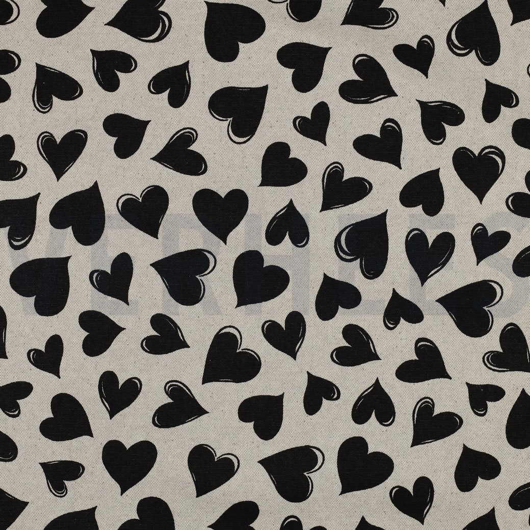 COATED CANVAS LINEN LOOK HEARTS BLACK