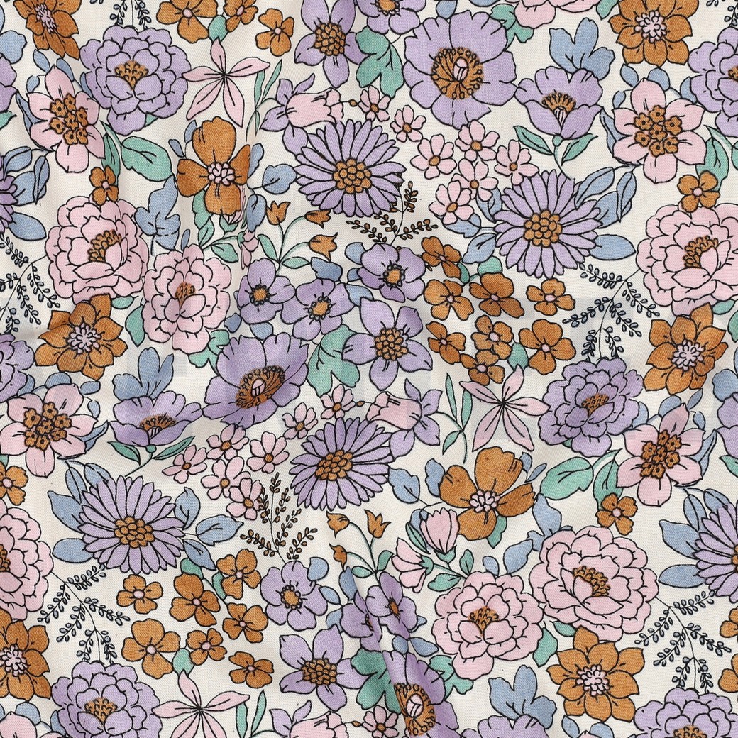FEIN GEWEBTE BAUMWOLLPOPELINE BLUMEN LILA #7