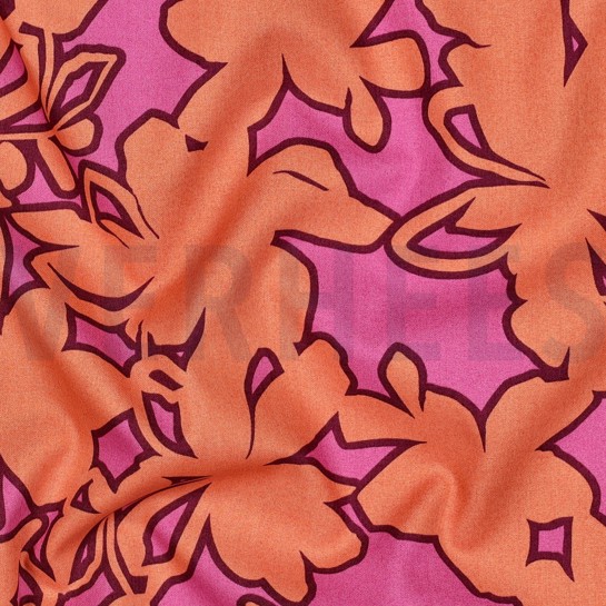 FEIN GEWEBTE BAUMWOLLPOPELINE BLUMEN ORANGE/ROSA #7