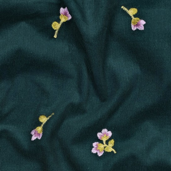 FEINCORD STICKEREI BLUMEN DUNKELGRÜN #7