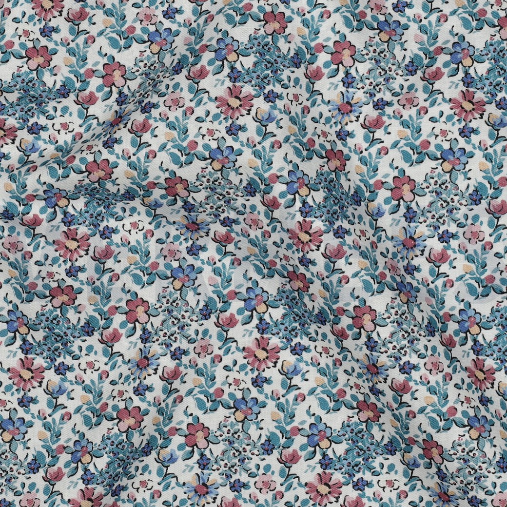 FEIN GEWEBTE BAUMWOLLPOPELINE DIGITAL BLUMEN WEISS #7