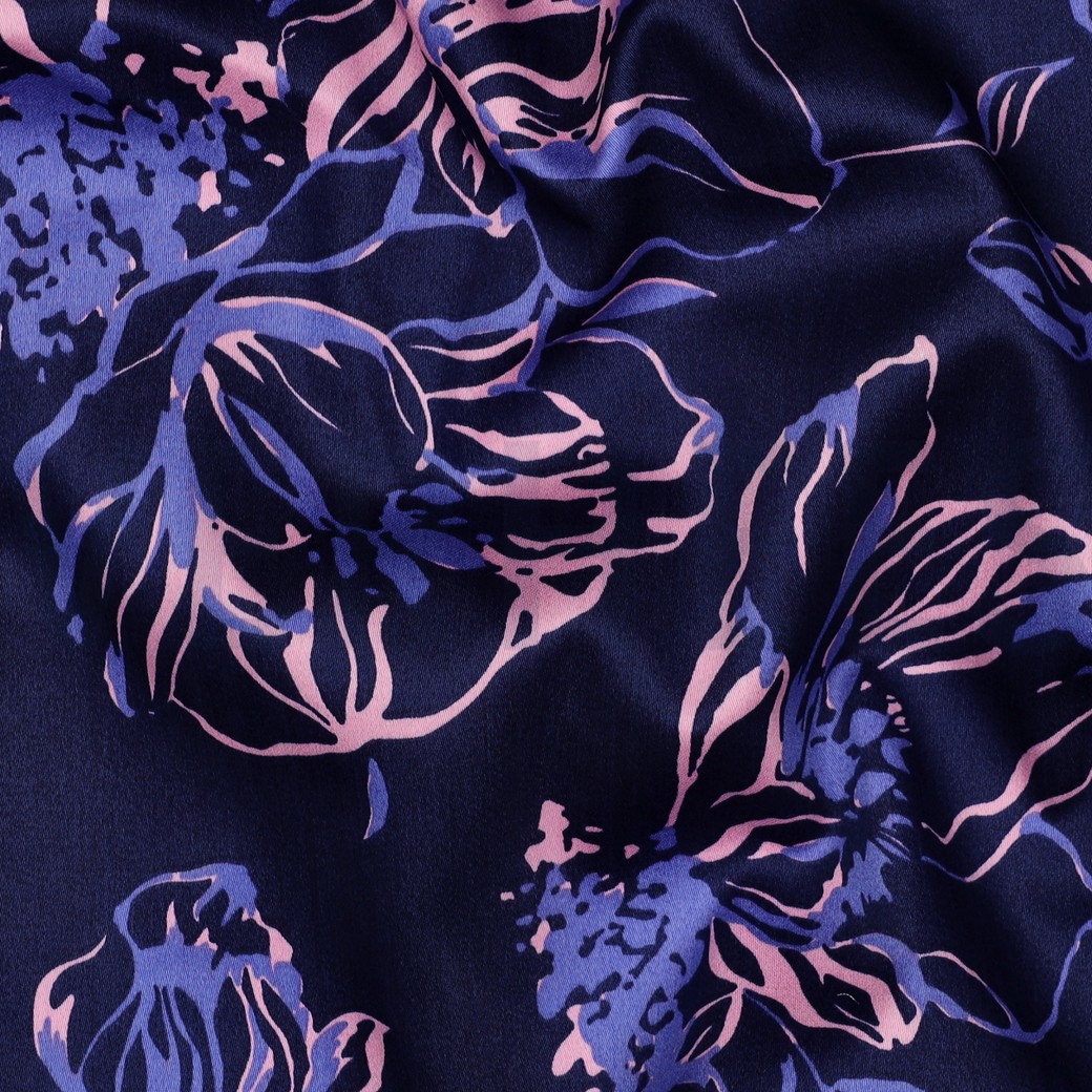 BAUMWOLLE SATIN BLUMEN MARINEBLAU #7