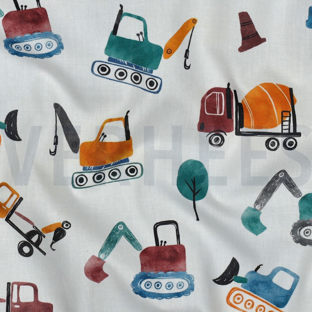 FINE POPLIN DIGITAL CONSTRUCTION VEHICLES WHITE #7