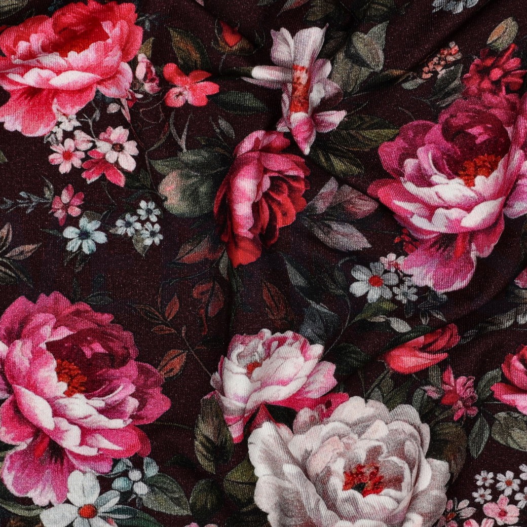 VISKOSE JERSEY DIGITAL BLUMEN BORDEAUXROT #7