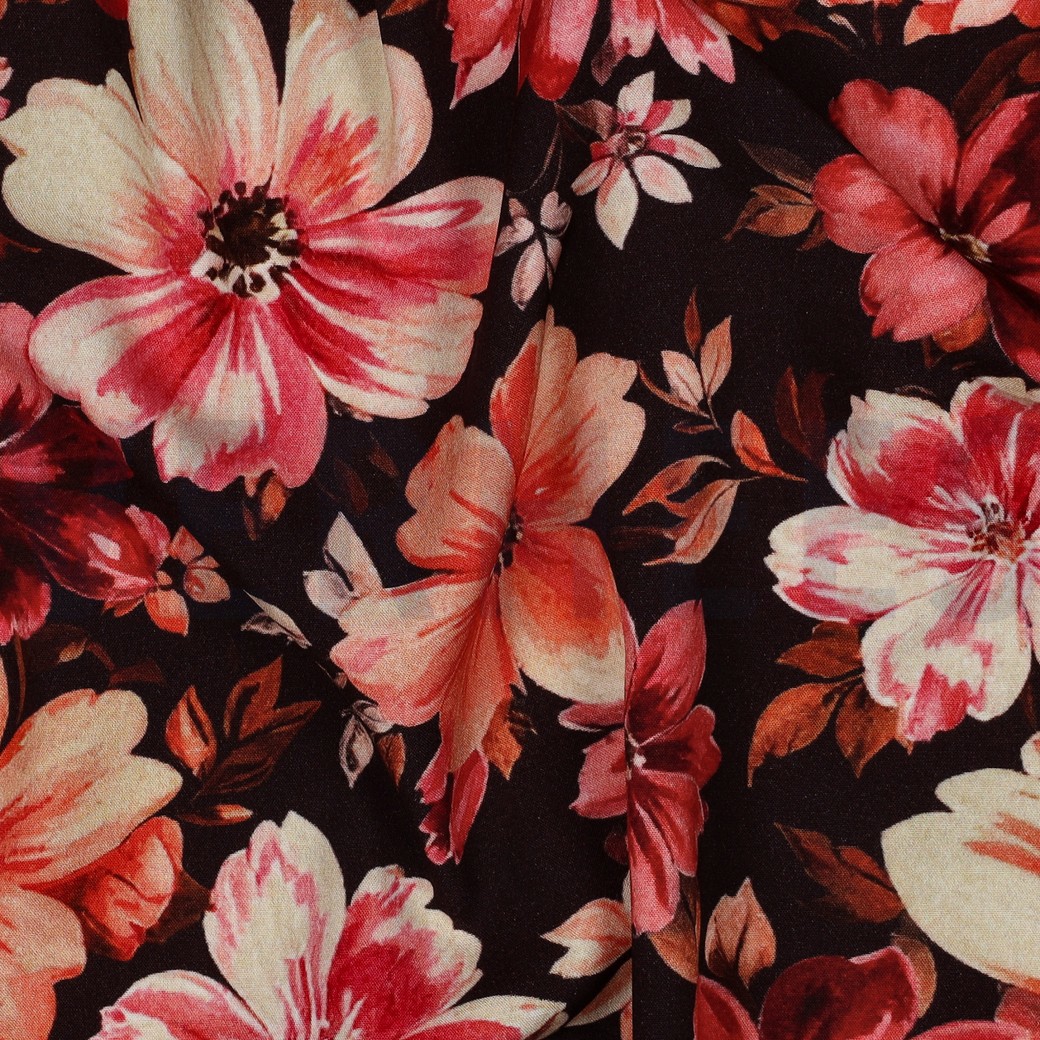 VISKOSE STRETCH DIGITAL BLUMEN BORDEAUXROT #7