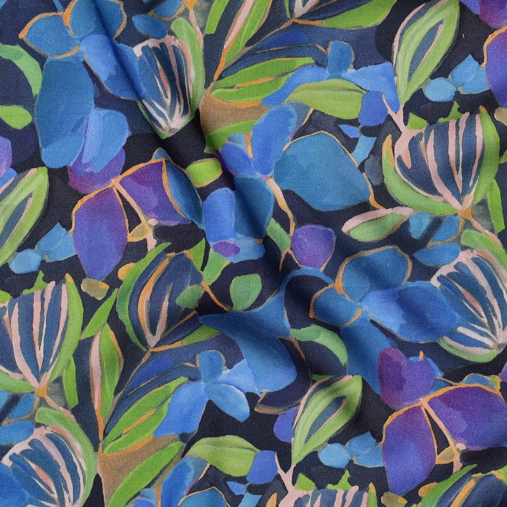 VISCOSE SATIJN DIGITAAL BLOEMEN KOBALTBLAUW #7