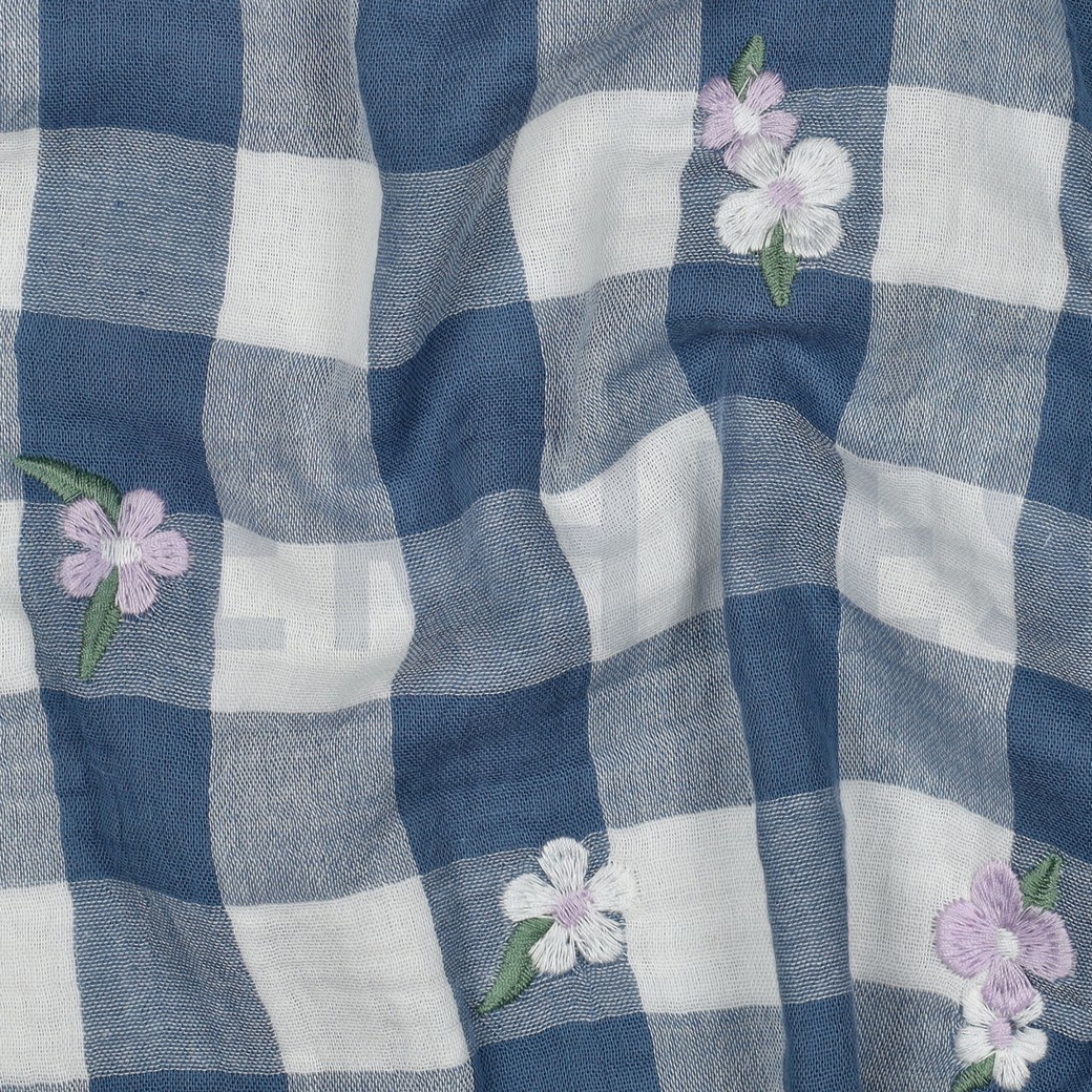MUSSELIN KAROS STICKEREI BLUMEN BLAU #7