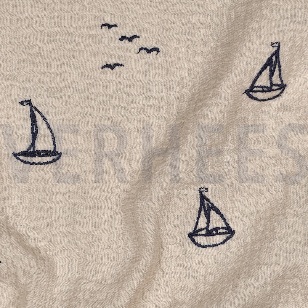 DOUBLE GAUZE EMBROIDERY BOATS NATURAL #7