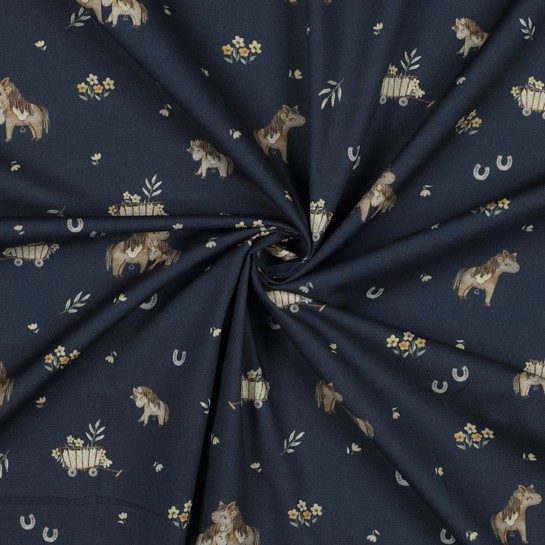 POPELINE DE COTON DIGITAL CHEVAUX ADORABLES BLEU MARINE #7