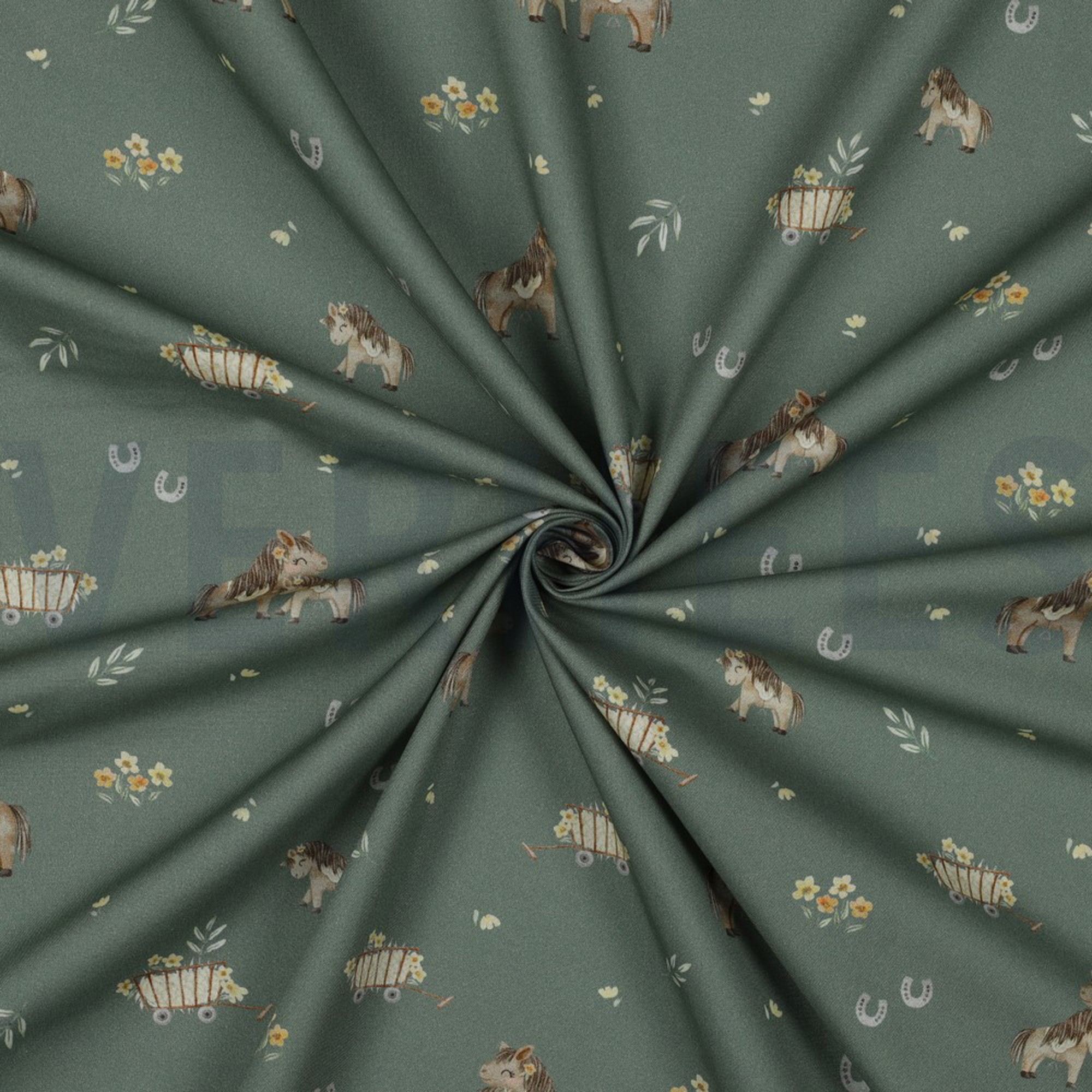 POPELINE DE COTON DIGITAL CHEVAUX ADORABLES VERT (high resolution) #2