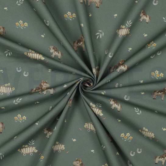 POPELINE DE COTON DIGITAL CHEVAUX ADORABLES VERT #7