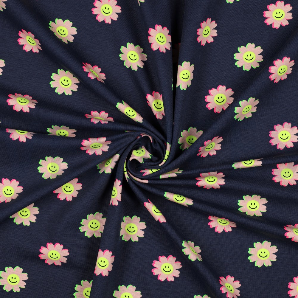 JERSEY NEON FLEURS HEUREUSES BLEU MARINE #7