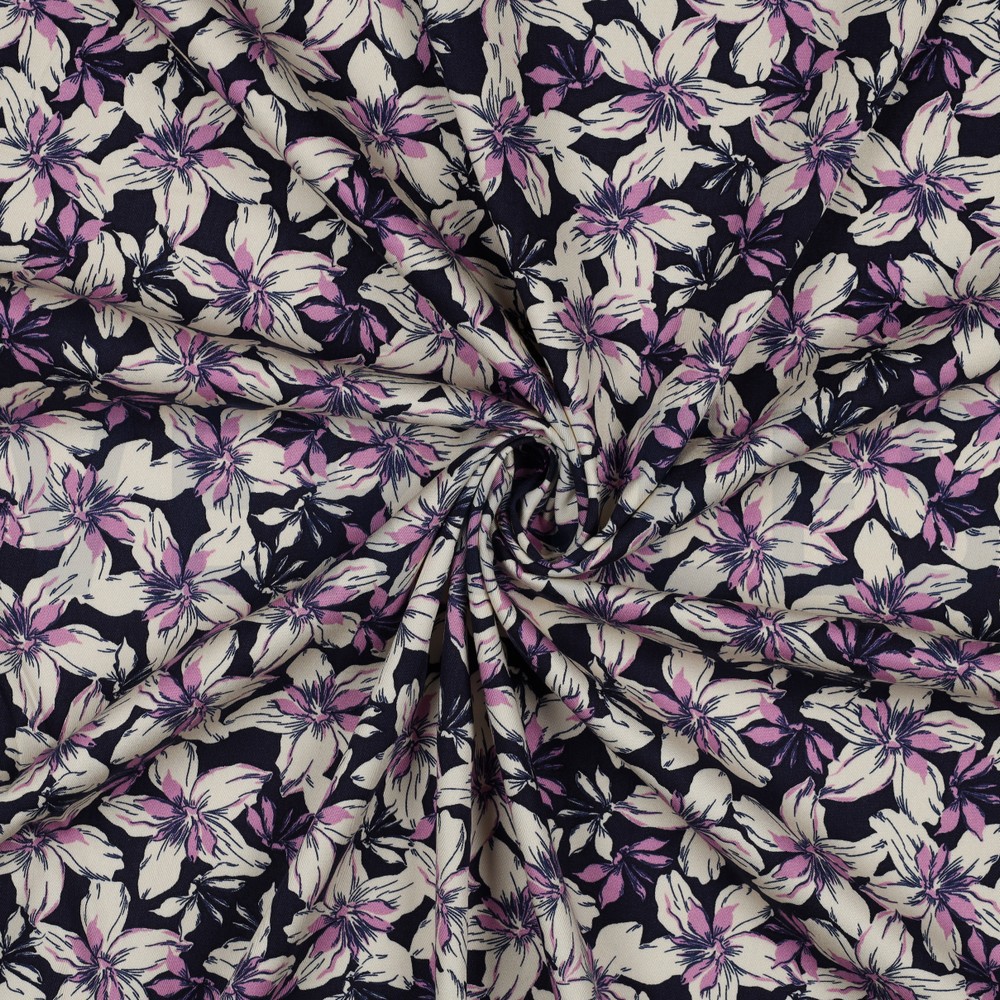 VISCOSE ROSELLA STRETCH BLOEMEN MARINEBLAUW #7