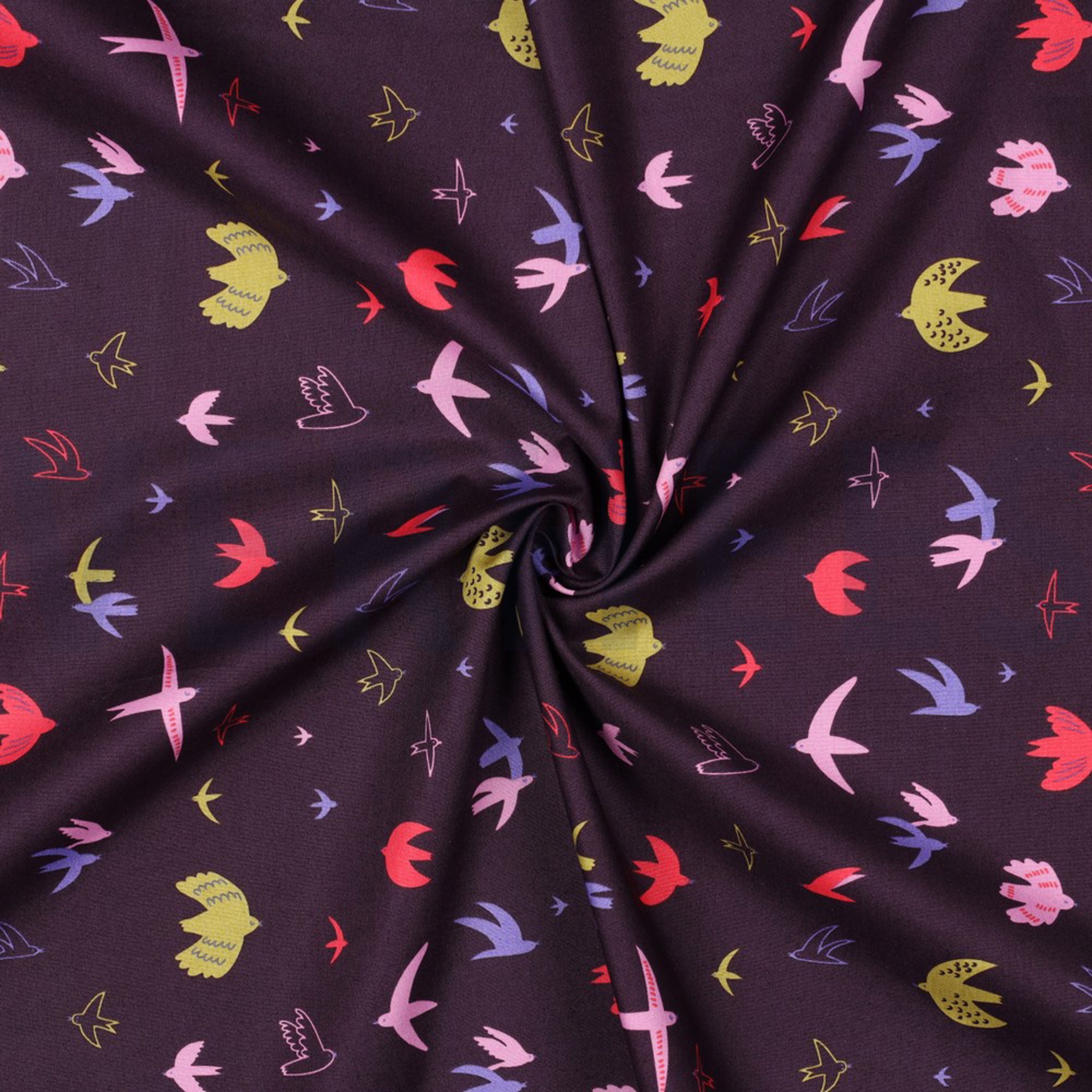 KATOENEN POPLIN VOGELS DONKERPAARS (high resolution) #2