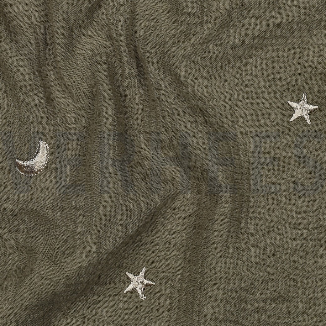 DOUBLE GAUZE EMBROIDERY STARS MOSS GREEN #7