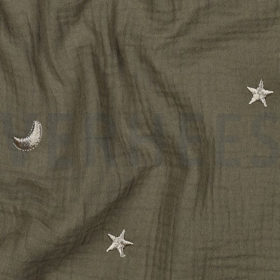 MUSSELIN STICKEREI STERNE MOOSGRÜN #7