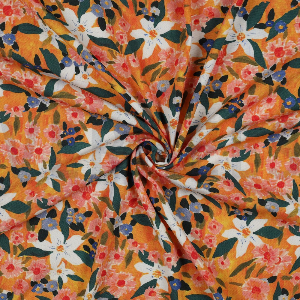 VISCOSE POPLIN STRETCH DIGITAAL BLOEMEN ORANJE #7