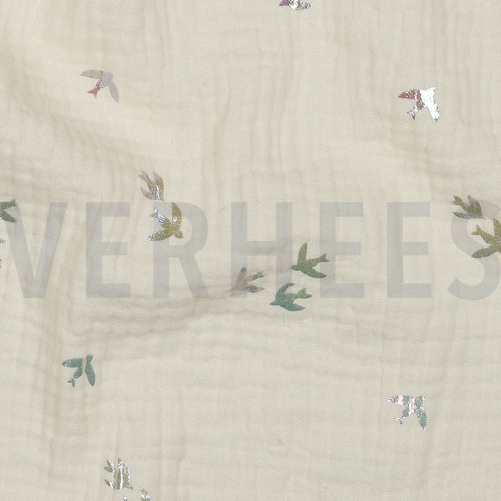 DOUBLE GAUZE FOIL BIRDS ECRU #7