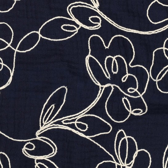 DOUBLE GAZE DE COTON BRODERIE FLEURS BLEU MARINE #7