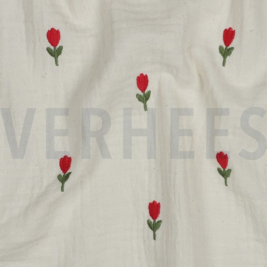 DOUBLE GAZE DE COTON BRODERIE FLEURS NATUREL #7