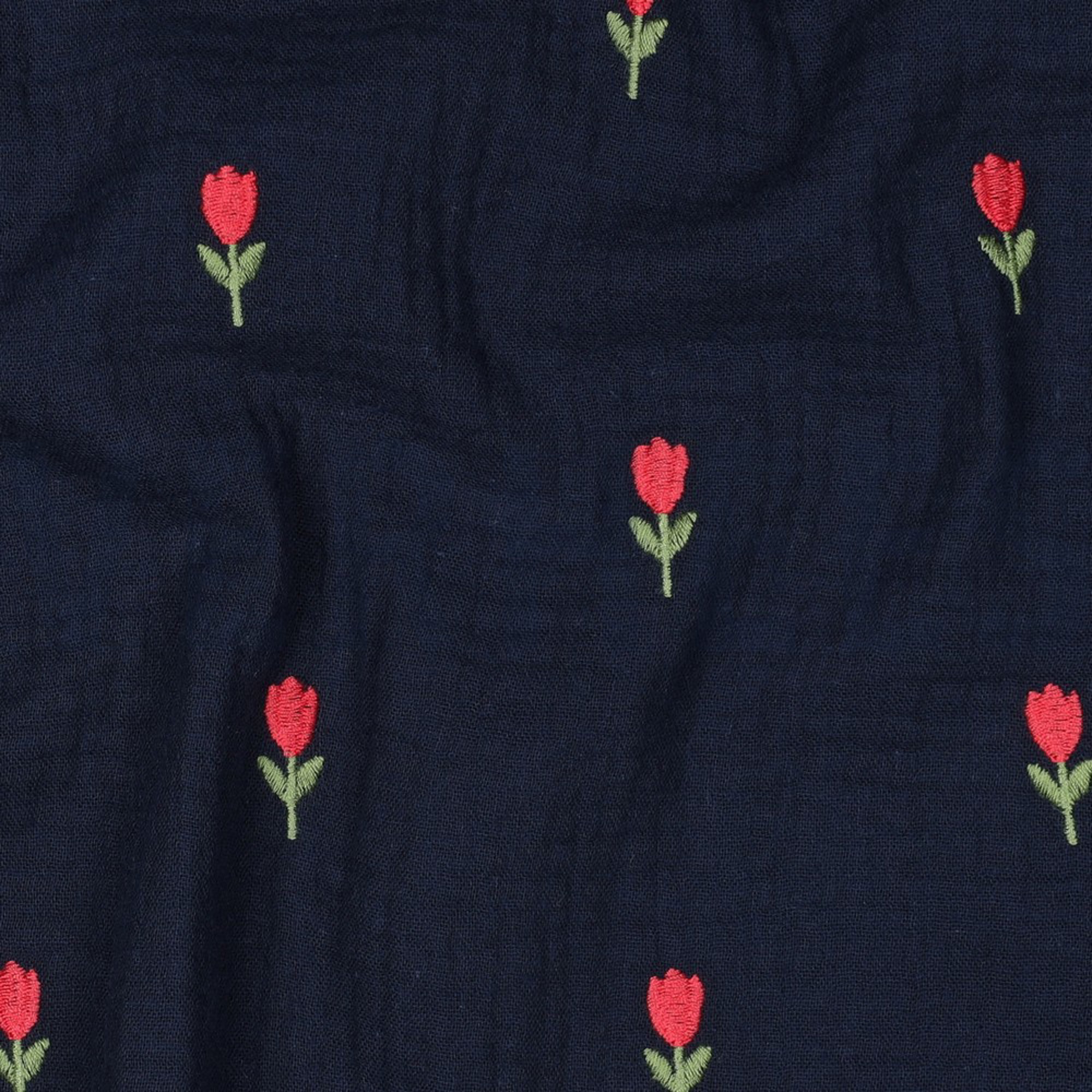 DOUBLE GAZE DE COTON BRODERIE FLEURS BLEU MARINE (high resolution) #2